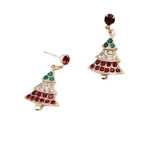 Festive gold-plated Christmas tree stud earrings decorated with colorful sparkling rhinestones