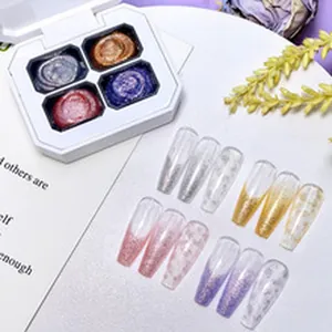 Palette gel per unghie a 4 colori con campioni di estensioni glitter sfumati.