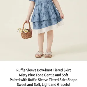Detailed view of girl's blue sleeveless bow dress with lace trim and tiered cake skirt.