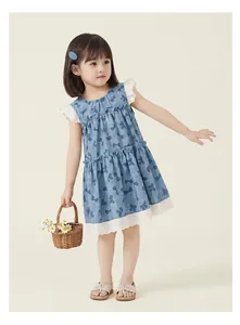 Blue sleeveless girls' dress with butterfly print and white lace trim details.