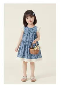 Full body view of a sweet blue sleeveless girls' dress with delicate lace details