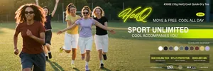Breathable quick-dry cooling t-shirts worn by models running on a sunny grass field