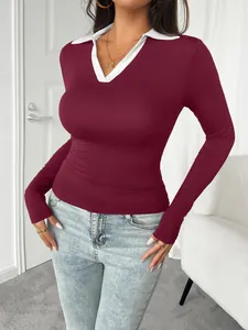 Maroon long sleeve slim fit V-neck T-shirt with a white contrast collar for women