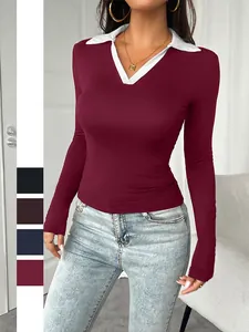 Women Long Sleeve Polo Shirt Contrast Collar V Neck Slim Fit Stretchy Viscose Top Casual Office Fashion