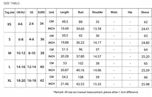 Tableau des tailles détaillé pour haut femme à manches longues en CM et pouces