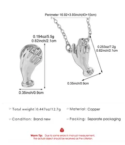 Technical detail of creative hand-shaped brooch and necklace with size and weight specs