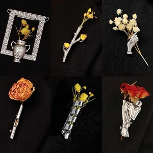 Vintage Zinc Alloy Silver Flower Bouquet Brooch Artistic Red Dry Rose Pin For Suit Banquet Women Men Accessories Jewelry