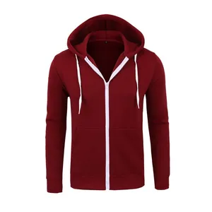 Men's burgundy zip-up hooded sweatshirt with white drawstrings for casual sports wear