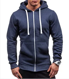 Detail view of a men's navy blue zip-up hoodie sweatshirt with white drawstrings