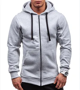 Front view detail of a men's light grey zip-up hoodie featuring black drawstrings.