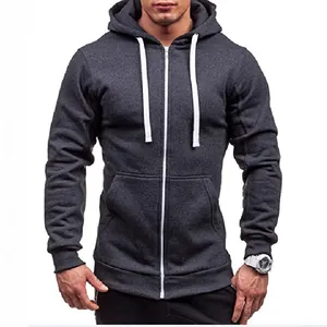 Men's casual dark grey zip-up hoodie featuring white drawstrings and a front pocket
