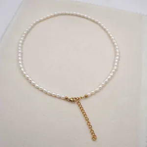 Close-up of mini white freshwater rice pearl choker with gold extender chain