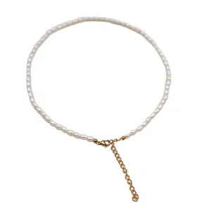 Elegant handmade freshwater mini baby pearl choker necklace with gold plated extension chain