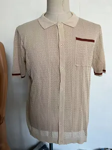Vintage hollow-out knit polo shirt for men in beige featuring contrast stripe details