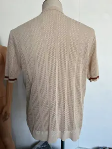 Back view of a beige hollow breathable knit short sleeve polo shirt for men