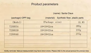 Product technical specifications and package dimensions for 12-inch Santa Claus doll