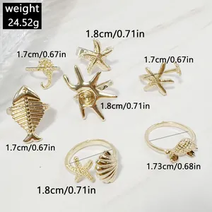 Ensemble de bagues bohèmes thème océan en or avec mesures de diamètre en cm et pouces