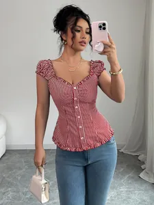 Elegant red and white striped cardigan blouse with ruffles for women casual wear