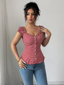 Detailed view of an elegant red and white vertical striped women's blouse with ruffled hem