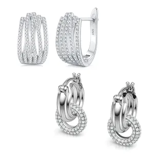Elegant multi-layer S925 sterling silver hoop earrings with shimmering moissanite stones
