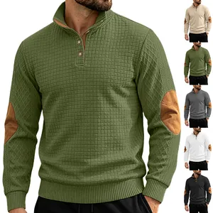 Men Waffle Knit Sweatshirt Button Placket Stand Collar Long Sleeve Quilted Pullover Retro Elbow Patches