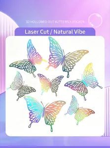 Detailed view of iridescent 3D hollowed-out butterfly wall stickers with intricate laser-cut design