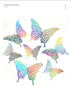 Close-up of various iridescent 3D hollow butterfly wall stickers for home decoration.