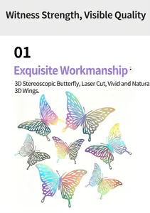 Close-up of 3D iridescent hollow-out butterfly stickers with intricate laser-cut details
