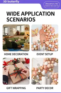 3D iridescent hollow butterfly stickers shown in various home and party decor scenarios.