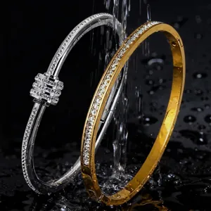 Stainless Steel Rhinestone Bangle For Women Cylinder Waist Design Inlaid Row Rhinestones Electroplated Fashion Jewelry Bangle