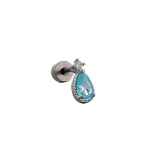 Titanium steel cartilage stud earring with blue teardrop zircon and screw back closure