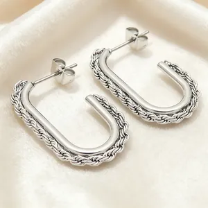 Detailed macro view of silver-toned stainless steel earrings with twisted rope design.