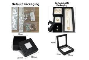 Jewelry packaging details showing default bags and customizable boxes with dimensions