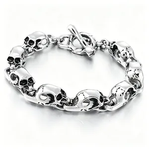 Vintage gothic skull head titanium steel bracelet with OT toggle clasp for men