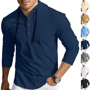 Men Hooded Henley Shirt Long Sleeve Polyester Spandex Solid Color Casual Lightweight Breathable Tops With Drawstring