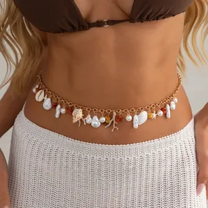Boho Meer Seestern Fechterschnecke Körperkette Für Damen Gold Legierung Emaille Muschel Kunstperle Taillenkette Strand Urlaub Schmuck