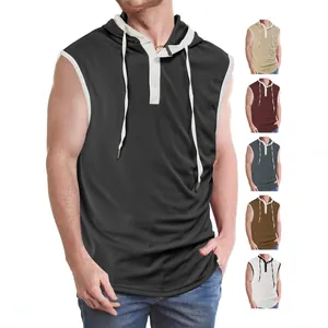 Men Sleeveless Hooded Tank Top Waffle Knit Quick Dry Gym Fitness Muscle Shirt Henley Button Drawstring Sports Vest