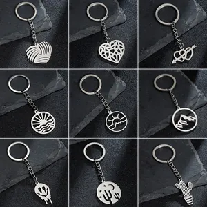 Stainless Steel Geometric Keychain Heart Mountain Sun Wave Cactus Ghost Melting Face Minimalist Metal Key Ring Pendant