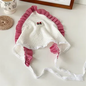 Pastoral gingham ruffle triangular headscarf with cherry embroidery and lace ties.