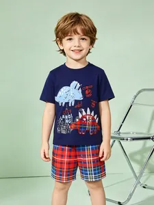 Abbigliamento Estivo da Ragazzo in Cotone T-shirt e Pantaloncini a Quadri Dinosauro dei Cartoni Animati Stampato Manica Corta Casual