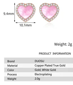 Detailed view of pink shell heart stud earrings with dimensions and material specs