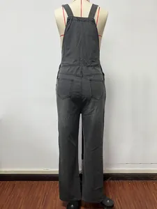 Classic dark grey denim overalls for women featuring adjustable straps and back pockets