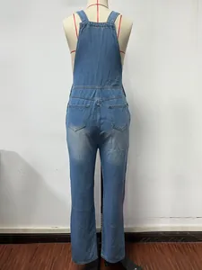 Back view of classic blue denim overalls featuring dual rear pockets and straps