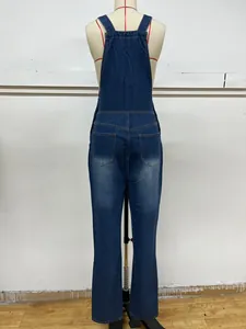 Back view of classic dark blue denim overalls featuring distressed washed pocket details