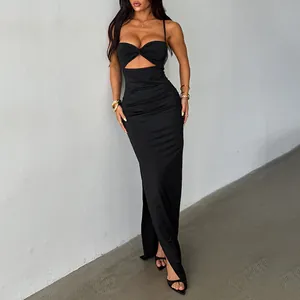 Robe Maxi Noire Pour Femmes Bretelles Spaghetti Découpe Froncée Fente Latérale Robe De Soirée Longue Moulante