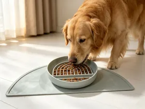 Close-up of a golden retriever using a gray silicone slow feeder bowl and mat set.