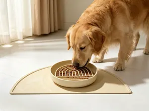 Golden Retriever using a silicone slow feeder dog bowl with a rainbow ridge lick mat.