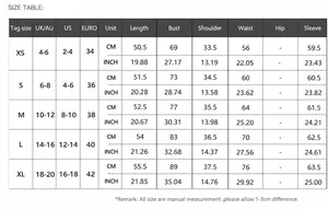 Comprehensive size guide for women's solid color long sleeve T-shirts in CM and INCH.