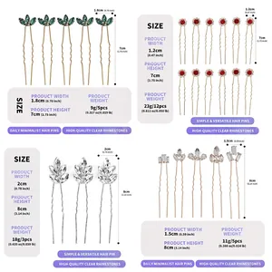 Detailed size chart for handmade rhinestone hair pins with dimensions and weights.