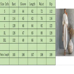 Detailed size guide for loose white cotton linen one-shoulder top and harem pants set